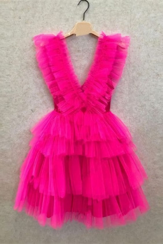 Fuchsia Ruffled Layers Plunging V Neck Corset Homecoming Dress Short Grad Dresses outfit, Bridesmaid Dress Winter