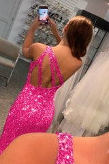 Fuchsia Sequin Long Corset Prom Dress with Slit Gowns, Fuchsia Sequin Long Prom Dress with Slit