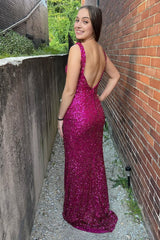 Fuchsia Sequins Backless Sheath Corset Prom Dress outfits, Fuchsia Sequins Backless Sheath Prom Dress