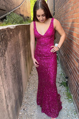 Fuchsia Sequins Backless Sheath Corset Prom Dress outfits, Fuchsia Sequins Backless Sheath Prom Dress