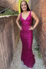 Fuchsia Sequins Backless Sheath Corset Prom Dress outfits, Fuchsia Sequins Backless Sheath Prom Dress