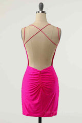Fuchsia Sheath Double Straps Crossed Back Beaded Mini Corset Homecoming Dress outfit, Formal Dressing For Ladies
