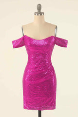 Fuchsia Sheath Off-the-Shoulder Pleated Sequins Mini Corset Homecoming Dress outfit, Formal Dresses For Wedding