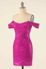 Fuchsia Sheath Off-the-Shoulder Pleated Sequins Mini Corset Homecoming Dress outfit, Formal Dress For Wedding