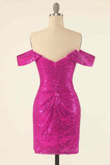 Fuchsia Sheath Off-the-Shoulder Pleated Sequins Mini Corset Homecoming Dress outfit, Formal Dressing For Wedding