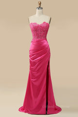 Fuchsia Strapless Appliques Mermaid Long Corset Prom Dress with Slit Gowns, Prom Dress Princesses