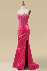 Fuchsia Strapless Appliques Mermaid Long Corset Prom Dress with Slit Gowns, Prom Dresses Spring