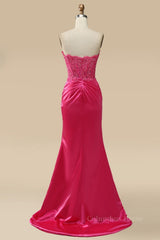 Fuchsia Strapless Appliques Mermaid Long Corset Prom Dress with Slit Gowns, Prom Dress Spring