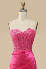 Fuchsia Strapless Appliques Mermaid Long Corset Prom Dress with Slit Gowns, Prom Dress A Line
