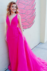 Fuchsia V-Neck Backless Long Corset Prom Dress outfits, Fuchsia V-Neck Backless Long Prom Dress