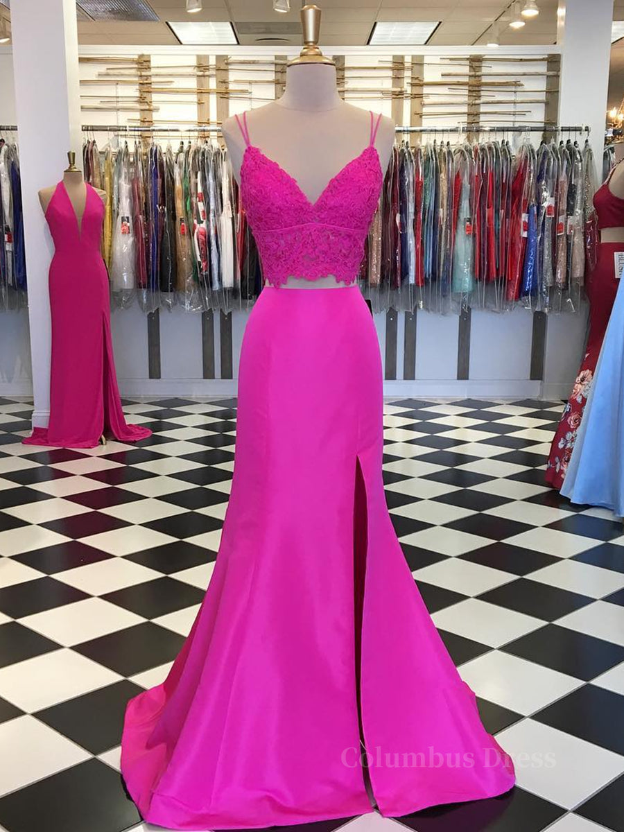 Fuchsia V Neck Two Pieces Mermaid Lace Top Satin Long Corset Prom Dress with Slit, Mermaid Lace Fuchsia Corset Formal Graduation Evening Dresses outfit, Bridesmaid Dresses Neutral
