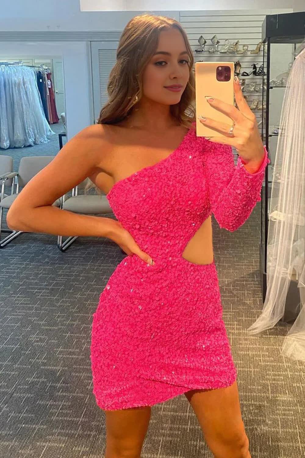 Fuchsia Waist Cut Out One Shoulder Tight Sequins Corset Homecoming Dress with Sleeves Gowns, Fuchsia Waist Cut Out One Shoulder Tight Sequins Homecoming Dress with Sleeves
