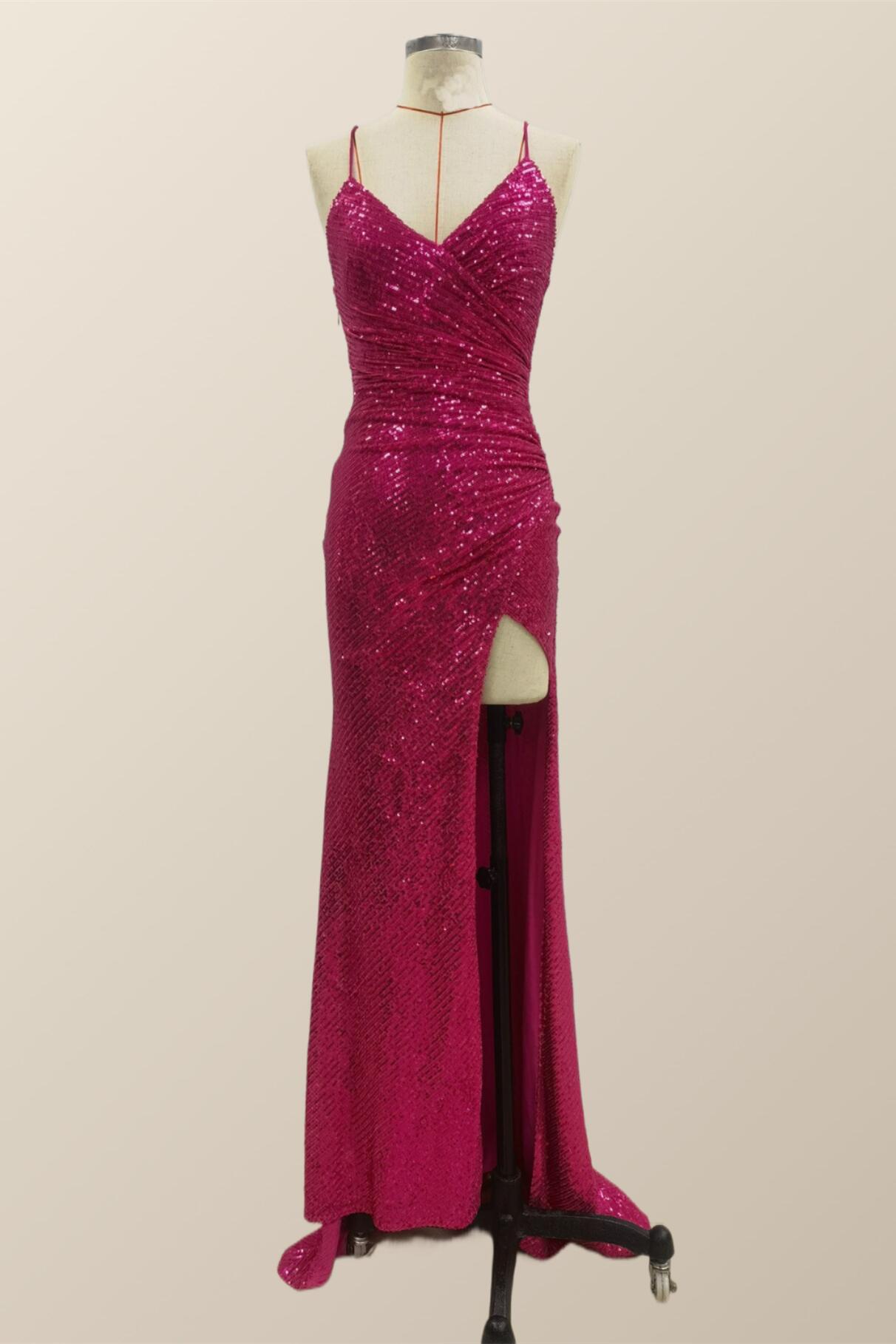 Fuchsia Sequin Mermaid Long Party Dress Outfits, Prom Dresses Designs