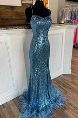 Long Sequined Blue Straps Corset Prom Dress with Feather Hem outfit, Bridesmaids Dresses Lavender