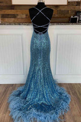 Long Sequined Blue Straps Corset Prom Dress with Feather Hem outfit, Sage Green Bridesmaid Dress