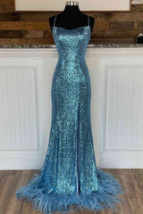 Long Sequined Blue Straps Corset Prom Dress with Feather Hem outfit, Bridesmaid Dressese Lavender