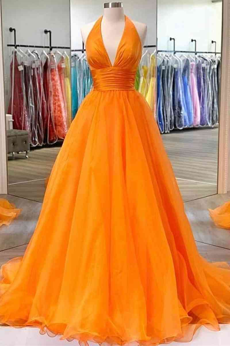 Elegant Orange Halter A-Line Long Party Dress Outfits, Bridesmaid Dresses Sleeveless