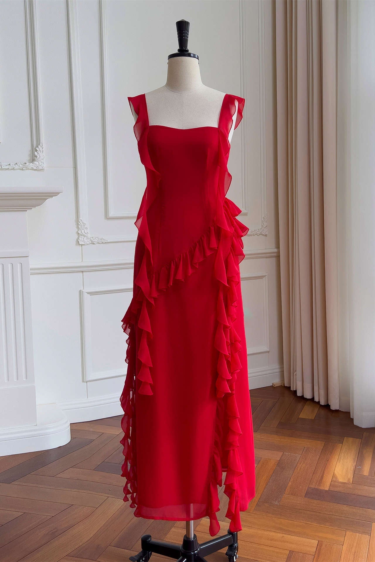 Square Neck Red Ruffle Chiffon Long Party Dress Outfits, Winter Formal Dress