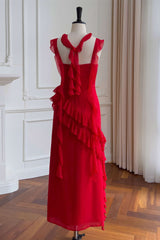 Square Neck Red Ruffle Chiffon Long Party Dress Outfits, Fall Wedding