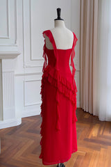 Square Neck Red Ruffle Chiffon Long Party Dress Outfits, Wedding Flower