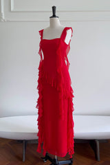 Square Neck Red Ruffle Chiffon Long Party Dress Outfits, Wedding Theme