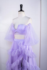 Two Piece Lavender Off the Shoulder Ruffles Corset Prom Dress with Slit Gowns, Bridesmaid Dresses Dusty Blue