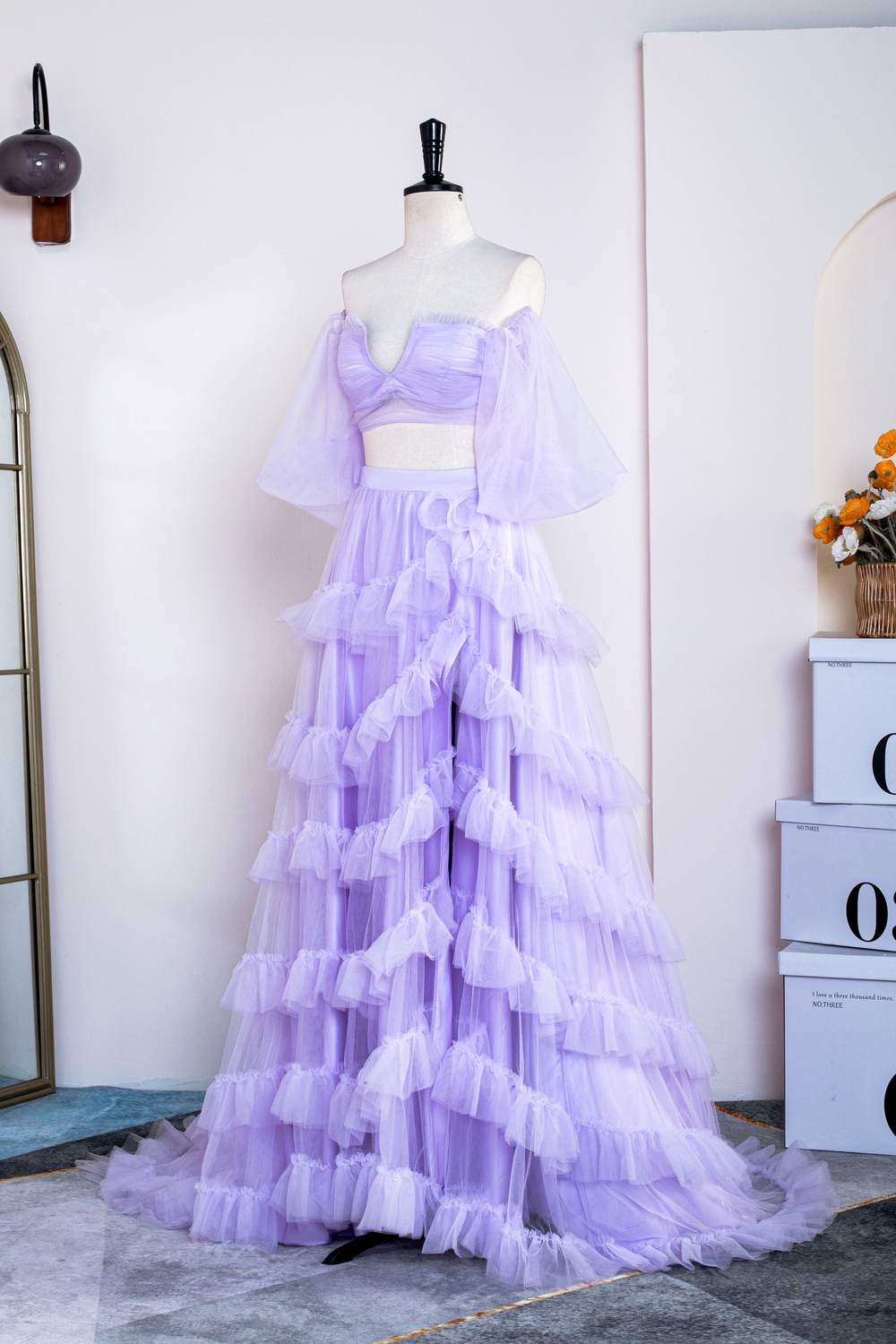 Two Piece Lavender Off the Shoulder Ruffles Corset Prom Dress with Slit Gowns, Wedding Decor