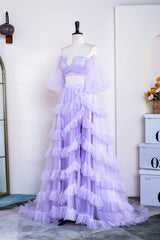 Two Piece Lavender Off the Shoulder Ruffles Corset Prom Dress with Slit Gowns, Wedding Decor