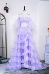 Two Piece Lavender Off the Shoulder Ruffles Corset Prom Dress with Slit Gowns, Bridesmaid Dresses Purple