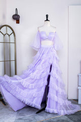 Two Piece Lavender Off the Shoulder Ruffles Corset Prom Dress with Slit Gowns, Long Sleeve Wedding Dress