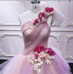 Puffy One Shoulder Sleeveless Tulle Corset Prom Dress with Flowers, Ruffles Quinceanera Dress outfit, Party Dress Shiny