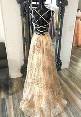 Champagne V-Neck Sequins Long Corset Prom Dresses, A-Line Evening Dresses outfit, Homecomming Dresses Long