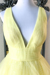 Yellow V-Neck Tulle Long Corset Prom Dresses, A-Line Evening Dresses outfit, Backless Dress