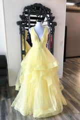 Yellow V-Neck Tulle Long Corset Prom Dresses, A-Line Evening Dresses outfit, Strapless Prom Dress