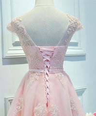 Pink Lace Tulle Short Corset Prom Dress, Pink Evening Dress outfit, Homecoming Dresses Long