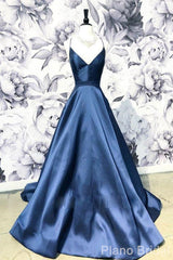 A Line Blue Spaghetti Straps Satin Corset Prom Dresses, V Neck Blue Sexy Evening Party Dress Outfits, Bridesmaid Dress Designer