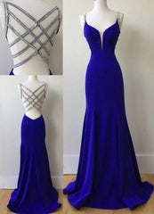 Sexy Mermaid Spaghetti Straps Royal Blue Long Corset Prom Dress With Beading outfit, Prom Dresses Black Girl