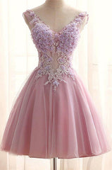 Chic V Neck Pink Tulle Applique Flower See Through Short Corset Prom Dress outfits, Graduation Outfit Ideas