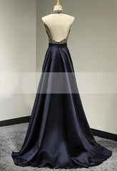 Halter Beading Backless Sweep Train A-Line/Princess Satin Corset Prom Dresses outfit, Bridesmaid Dresses Summer Wedding