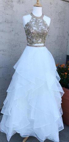 White Two Pieces Beaded Halter Long Corset Prom Dress outfits, White Dress