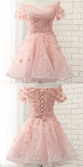 Custom Made Pink Off Shoulder Lace Organza And Floral Applique Short Evening Dress, Corset Formal Dress, Weddings Corset Homecoming Dress outfit, Wedding Dress Ideas