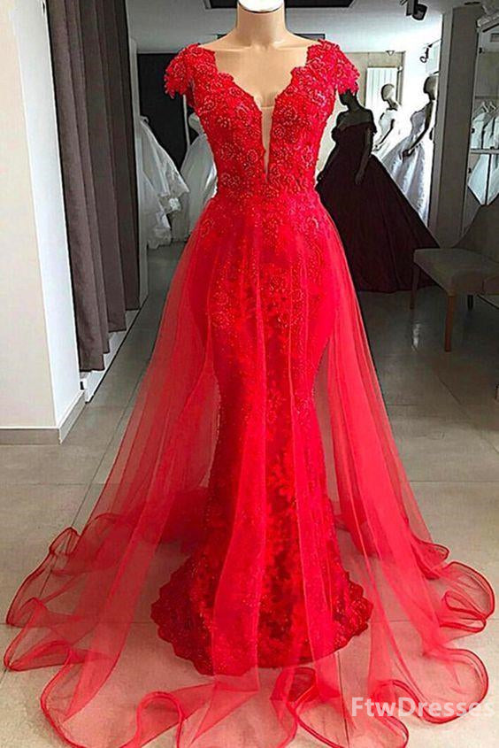 red lace cap sleeve long v neck Corset Formal Corset Prom dress beaded evening dress outfit, Party Dress Dress