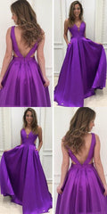 A Line Deep V Neck Backless Purple Satin Corset Prom Dress With Pockets Gowns, Summer Dress