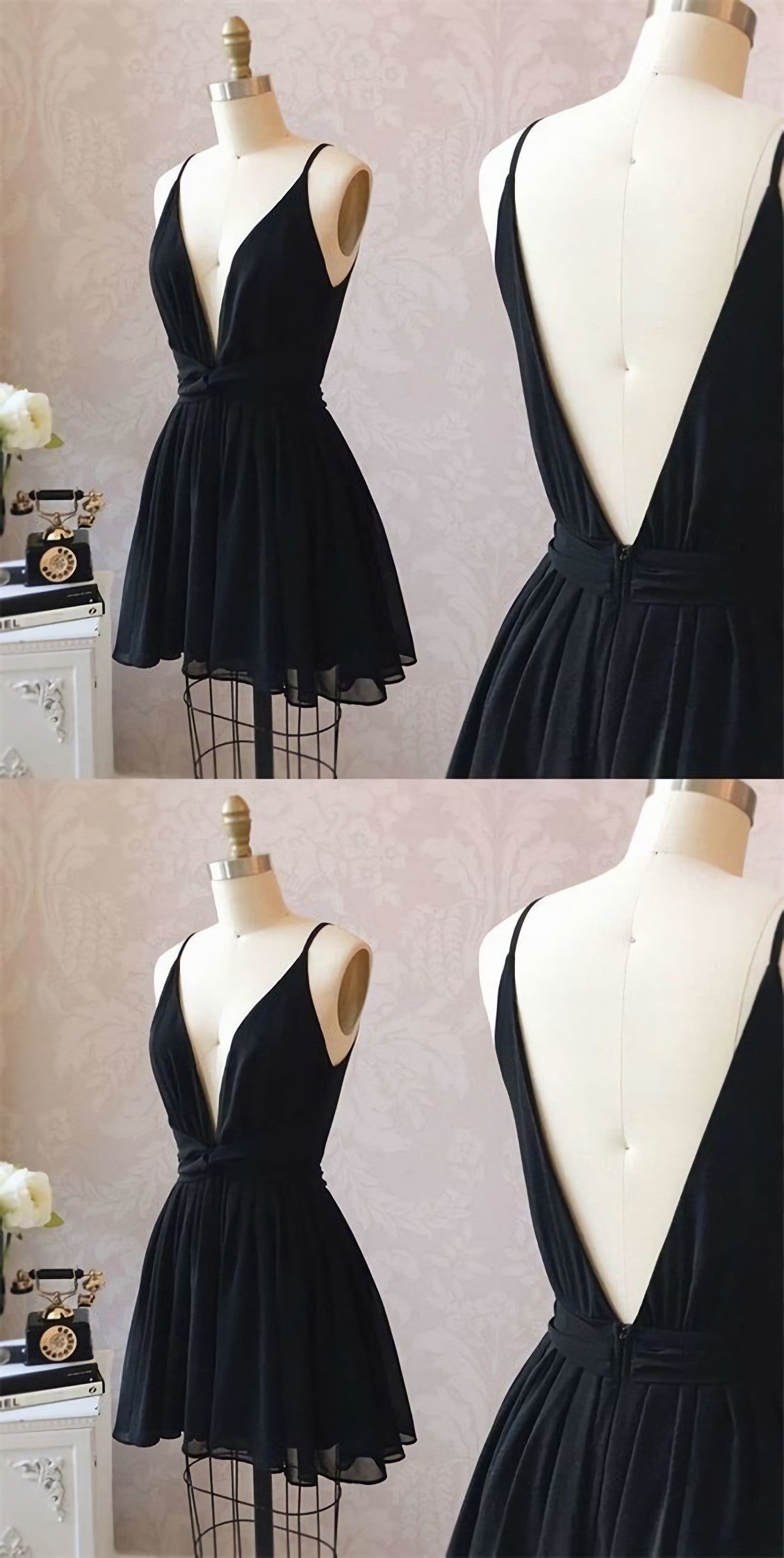 Cute Black Chiffon Short Little Black Corset Homecoming Dresses outfit, Formal Dress With Sleeve
