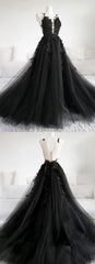 Black Tulle Applique Long Corset Prom Dress, Black Evening Dress outfit, Prom Dresses Two Piece