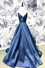 A Line Blue Spaghetti Straps Satin Corset Prom Dresses, V Neck Blue Sexy Evening Party Dress Outfits, Bridesmaid Dresses Designers