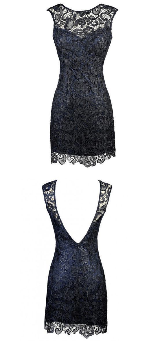 Sheath Bateau Backless Short Navy Blue Lace Mother Of The Bride Dress outfit, Prom Dresses