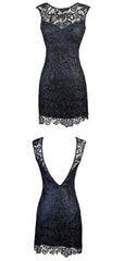 Sheath Bateau Backless Short Navy Blue Lace Mother Of The Bride Dress outfit, Prom Dresses