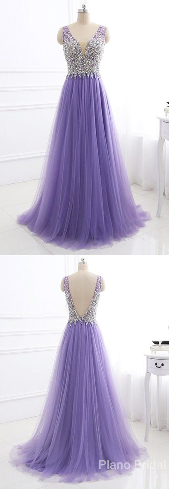 Purple Tulle V Neck Silver Beaded Long Evening Dress, Purple Halter Corset Prom Dress outfits, Prom Dress Blue Lace