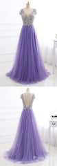 Purple Tulle V Neck Silver Beaded Long Evening Dress, Purple Halter Corset Prom Dress outfits, Prom Dress Blue Lace